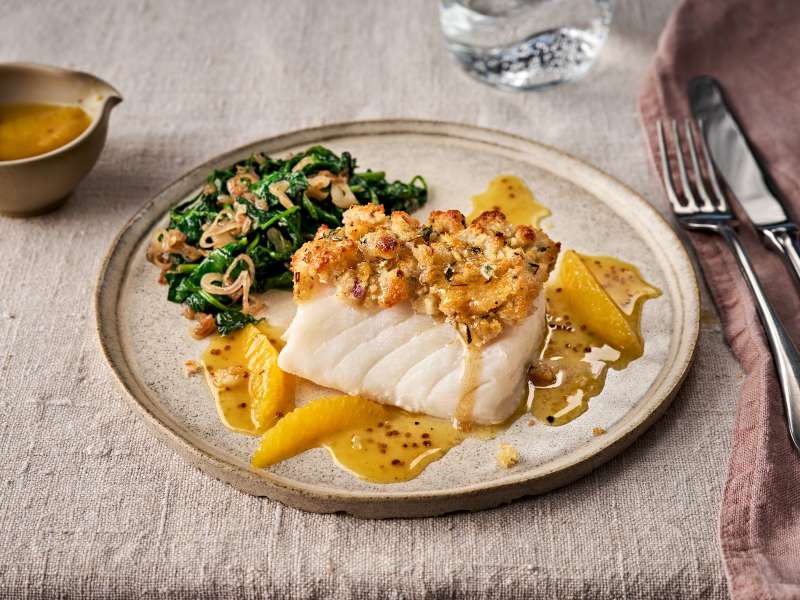 Skrei à la Bordelaise mit Orangen-Buttersauce Skrei à la Bordelaise mit Orangen-Buttersauce