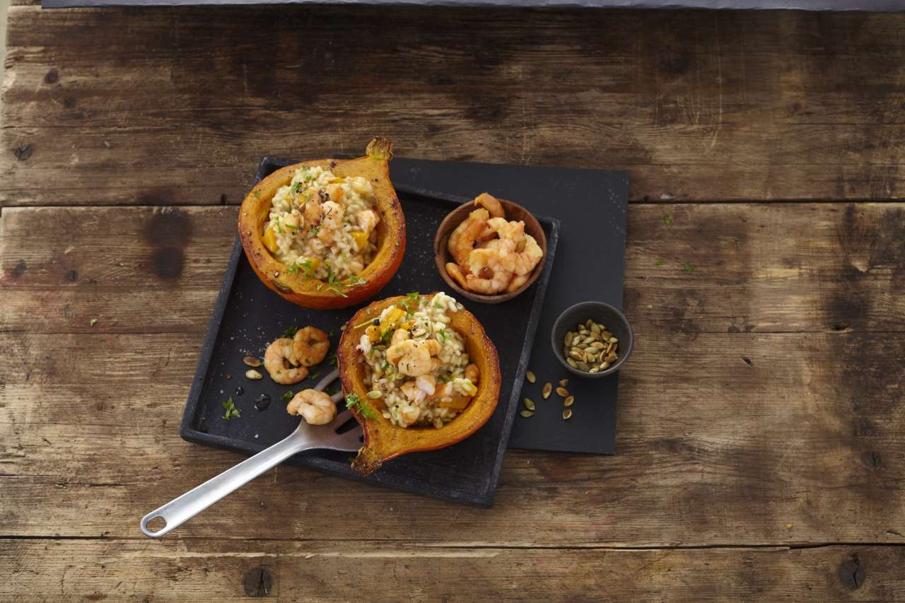 Rezept: Rauchgarnelen mit Kürbisrisotto Rezept: Rauchgarnelen mit Kürbisrisotto