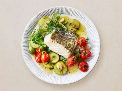 Kabeljau aus dem Ofen mit Schmorgurke 