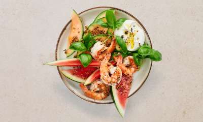 White Tiger Garnele auf Melonen-Sommer-Salat White Tiger Garnele auf Melonen-Sommer-Salat