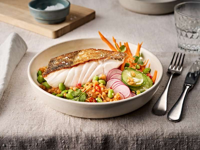 Skrei auf Edamame-Linsensalat