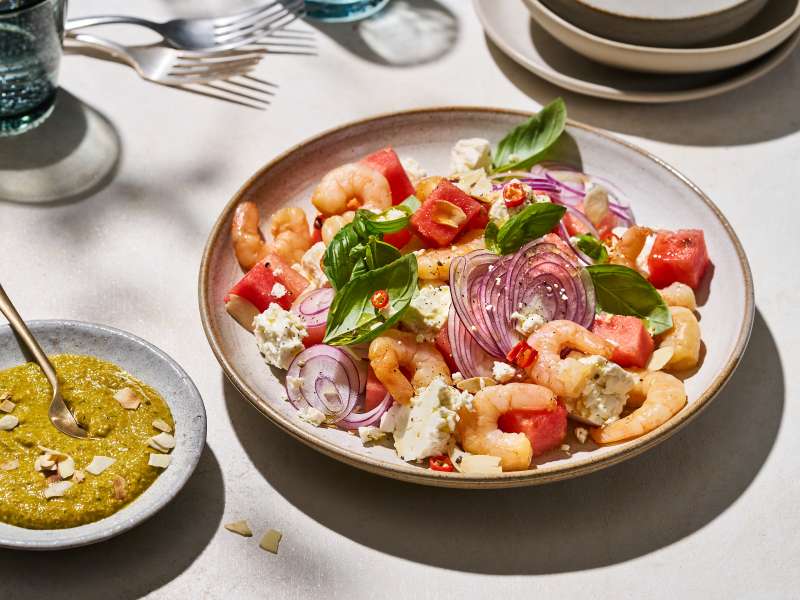 Melonen-Feta-Salat mit Rauchgarnelen