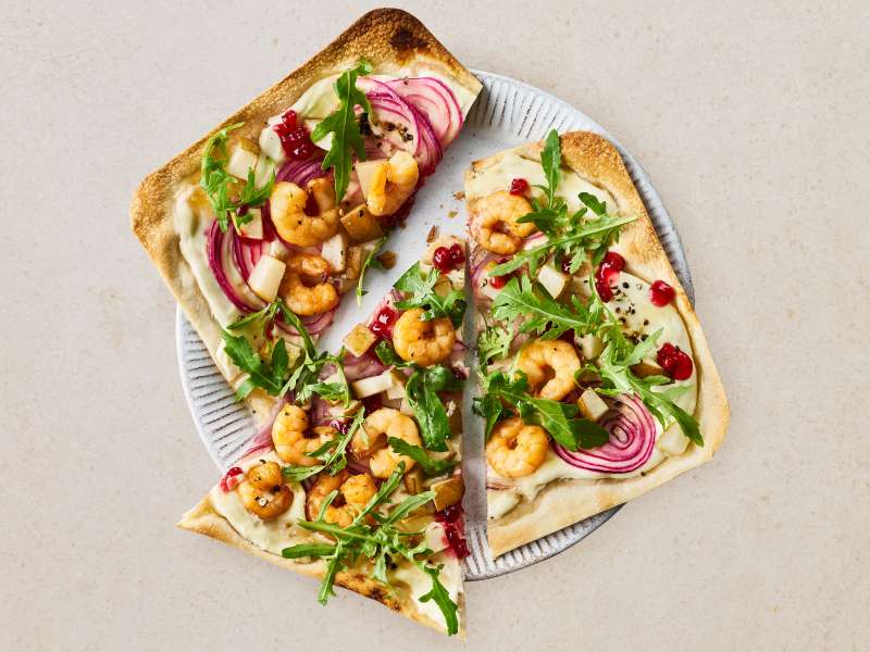 Flammkuchen mit Rauchgarnelen Flammkuchen mit Rauchgarnelen